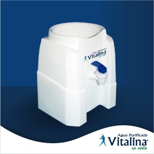 Dispensador de agua básico Vitalina compatible con bidones de 10 y 20 litros, fabricado en plástico resistente con llave incorporada.