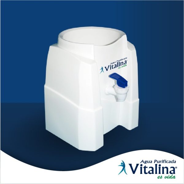 Dispensador de agua básico Vitalina compatible con bidones de 10 y 20 litros, fabricado en plástico resistente con llave incorporada.