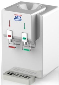 Dispensador eléctrico de agua fría y caliente, modelo de escritorio blanco con doble llave para regular temperatura.